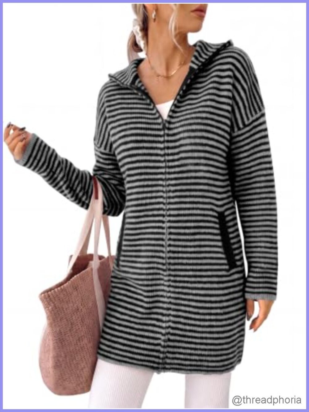 Womens Striped Knit Cardigan Sweater Dress Zip Up Long Sleeve